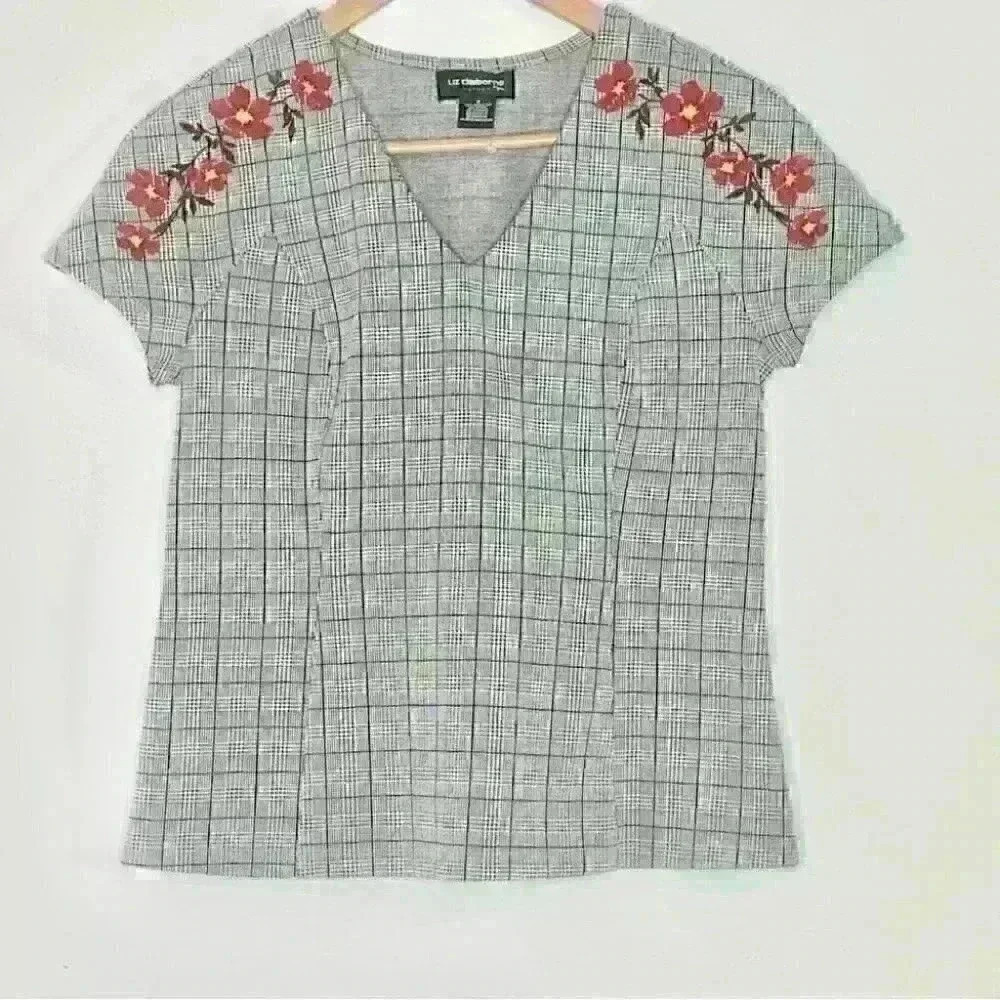 Liz Claiborne career check plaid embroider cap sleeve blouse s 4/6 gray